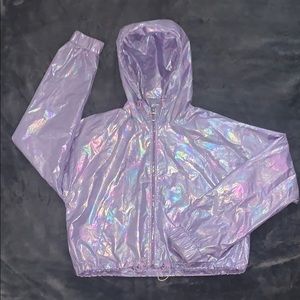 Purple holographic cropped zip up